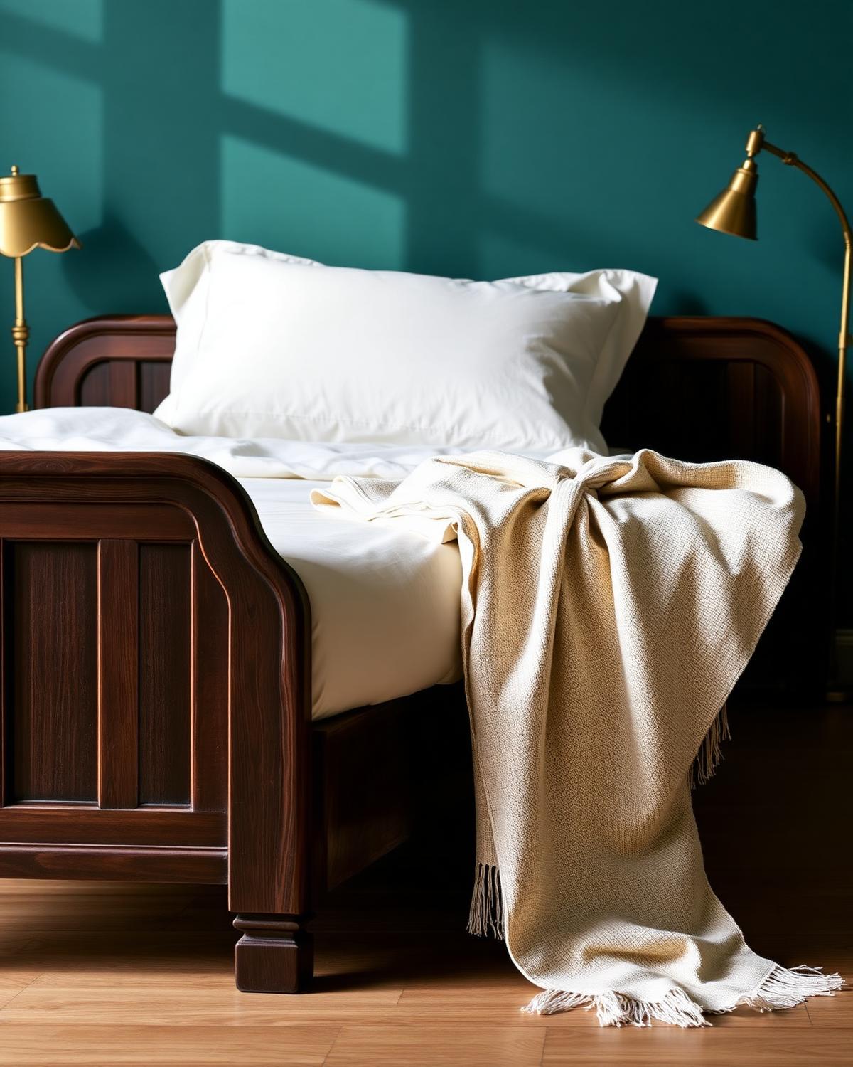 Ivory natural-fabric bedsheets and blanket on a carved teak bed against a teal wall