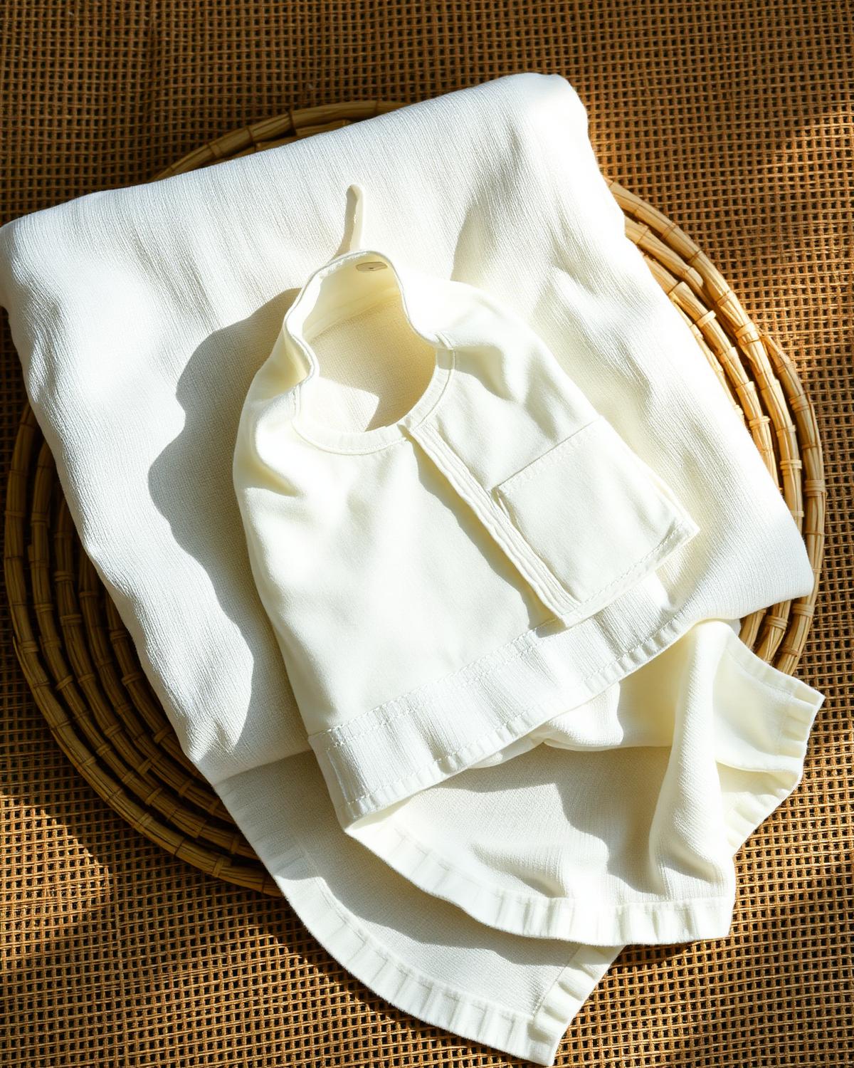 Folded ivory natural-fabric baby towels, bib and small dress on a woven mat