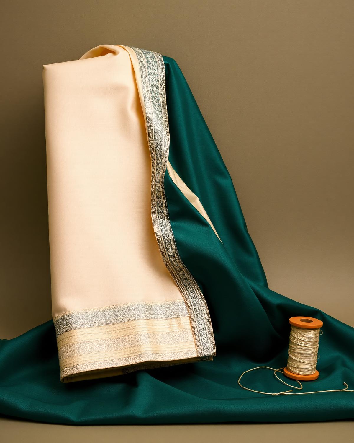 Ivory and teal dress material with silver zari border beside a spool of silver thread